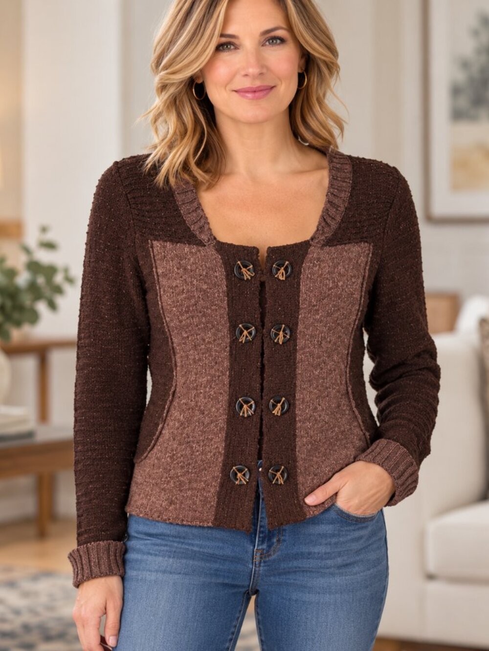 BKE Women’s L Wool Blend Brown Metallic Shimmer Two Tone Toggle Cardigan